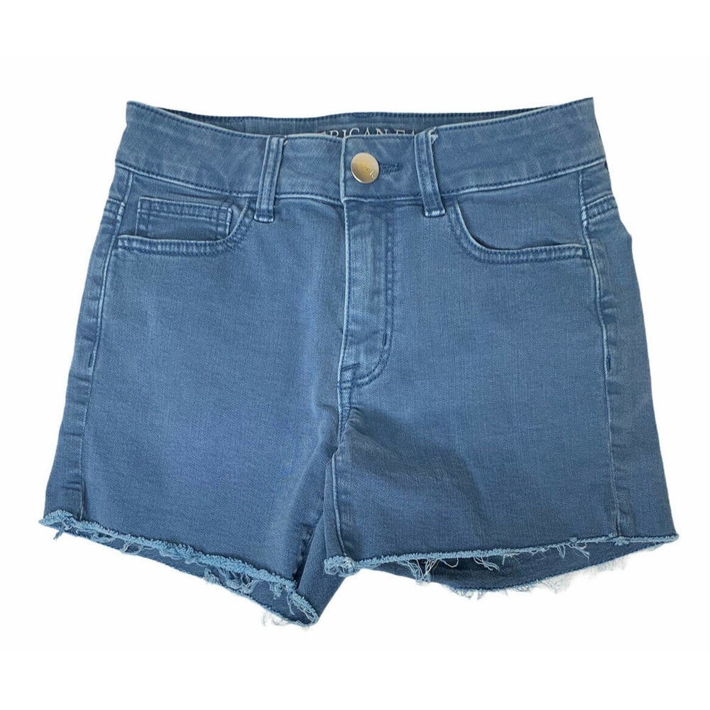 Womens American Eagle Super Stretch Hi-Rise Shortie Denim Cut Off Shorts Blue 0